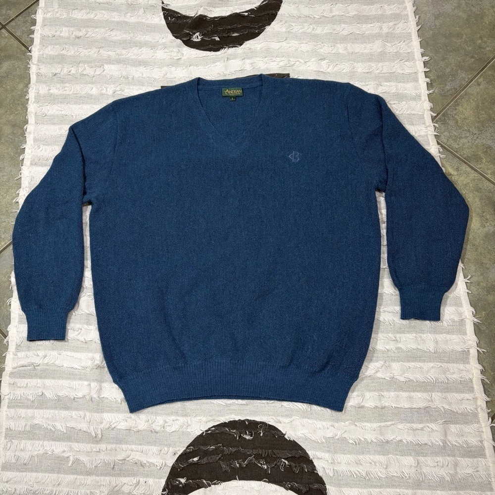 Andean Sweater Mens L Blue 100% Alpaca V Neck Knit Peru Grandpacore Golf Luxury